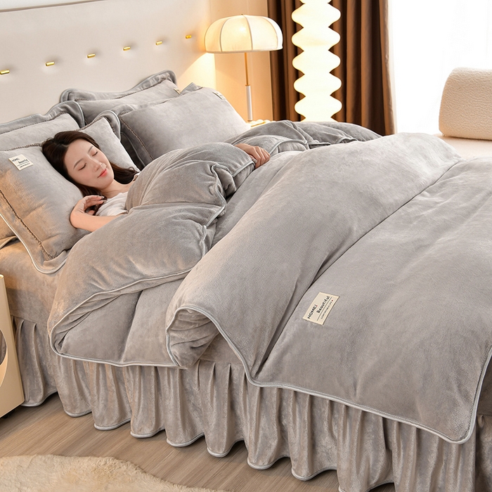 91家纺网 家纺一手货源 找家纺 缘莉娜家纺 2025高克重8斤牛奶绒四件套金貂绒法莱绒加厚保暖直播电商爆款 灰色