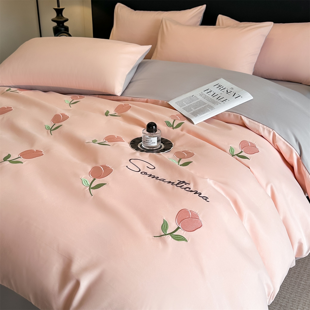 笙意家纺 2025新款亲肤水洗棉刺绣满绣四件套 花朵-奶油粉+山灰