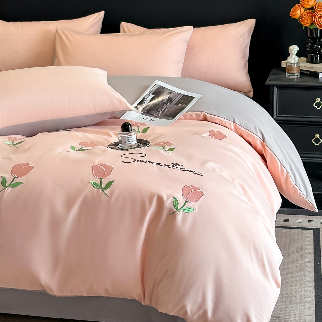 91家纺网 家纺一手货源 找家纺 笙意家纺 2025新款亲肤水洗棉刺绣满绣四件套 花朵-奶油粉+山灰