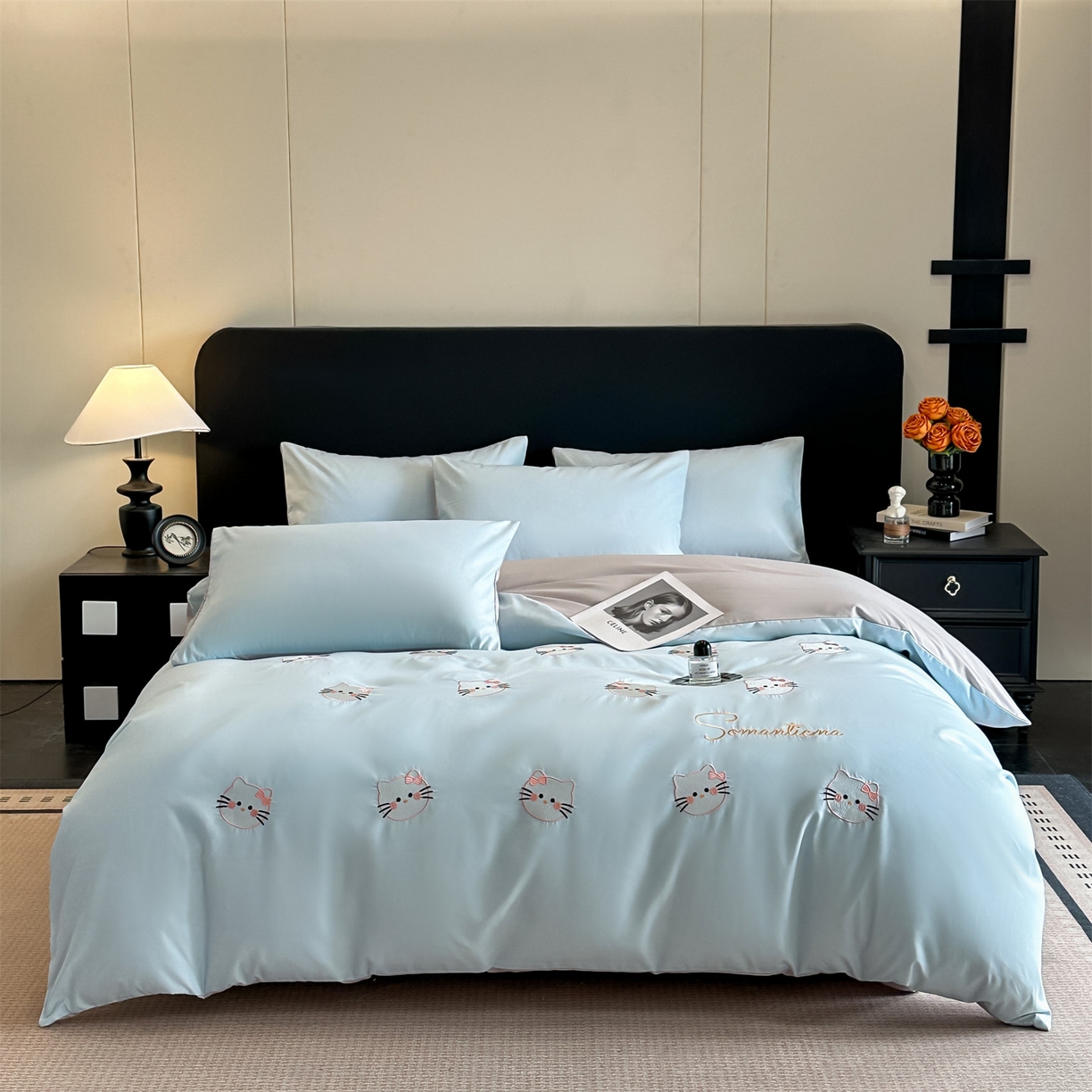 91家纺网 家纺一手货源 找家纺 笙意家纺 2025新款亲肤水洗棉刺绣满绣四件套 可爱猫-天蓝+山灰