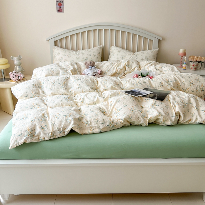 91家纺网 家纺一手货源 找家纺 贝扬思家纺 2025新款糯叽叽水洗棉简单款四件套 飘零