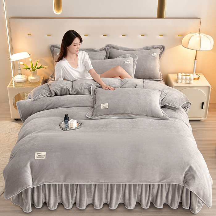 91家纺网 家纺一手货源 找家纺 缘莉娜家纺 2025高克重8斤牛奶绒四件套金貂绒法莱绒加厚保暖直播电商爆款 灰色