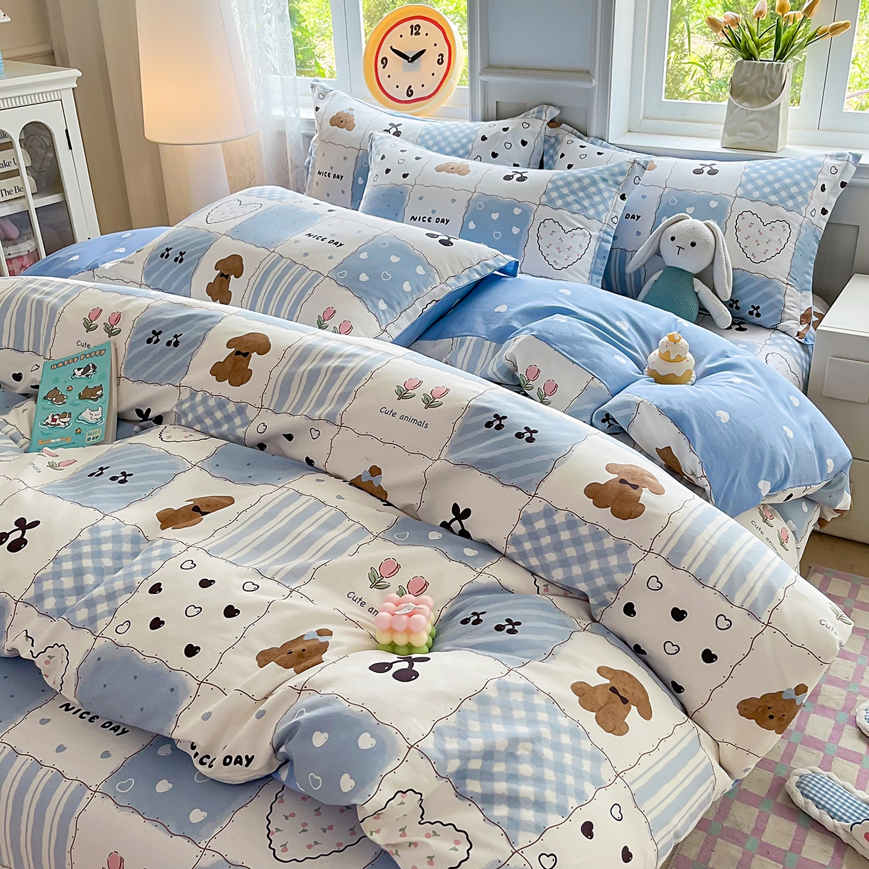 91家纺网 家纺一手货源 找家纺 禧安居 2025新款高支高密活性印染全棉印花四件套全棉四件套三件套被套（支持定制尺寸） 兰黛小熊