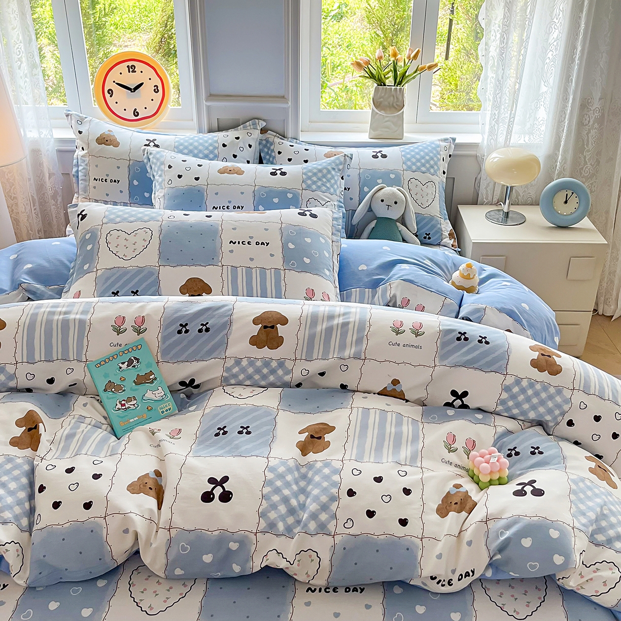 91家纺网 家纺一手货源 找家纺 禧安居 2025新款高支高密活性印染全棉印花四件套全棉四件套三件套被套（支持定制尺寸） 兰黛小熊