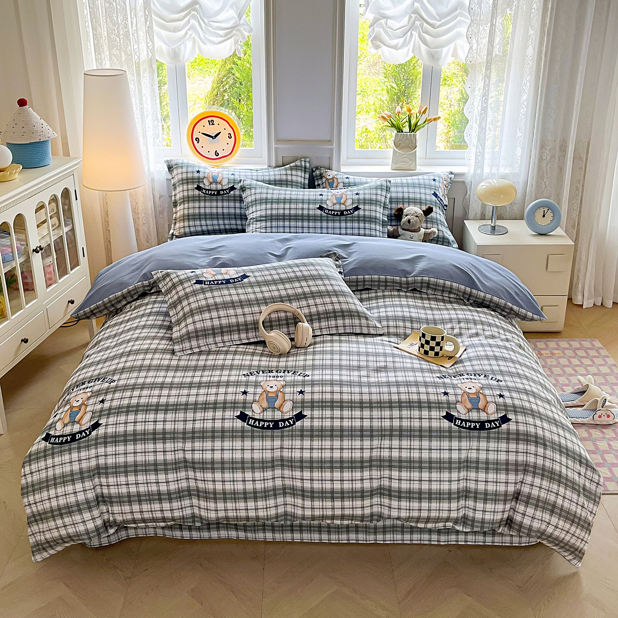 91家纺网 家纺一手货源 找家纺 禧安居 2025新款高支高密活性印染全棉印花四件套全棉四件套三件套被套（支持定制尺寸） 米乐-蓝