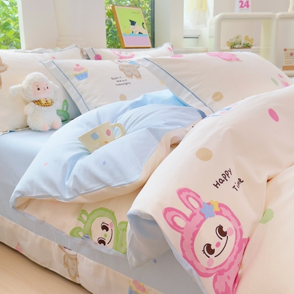 铭博家纺 2025新款直播爆款100%全棉吊边一字绣工艺款13070印花全棉四件套 彩萌布布