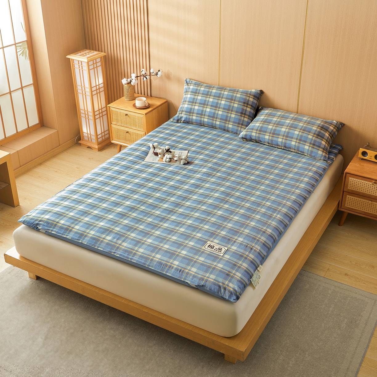 91家纺网 家纺一手货源 找家纺 晓时候 20252新款可拆洗新疆棉花床垫被褥子学生宿舍亲肤水洗棉棉花床垫-家用款 格韵-蓝