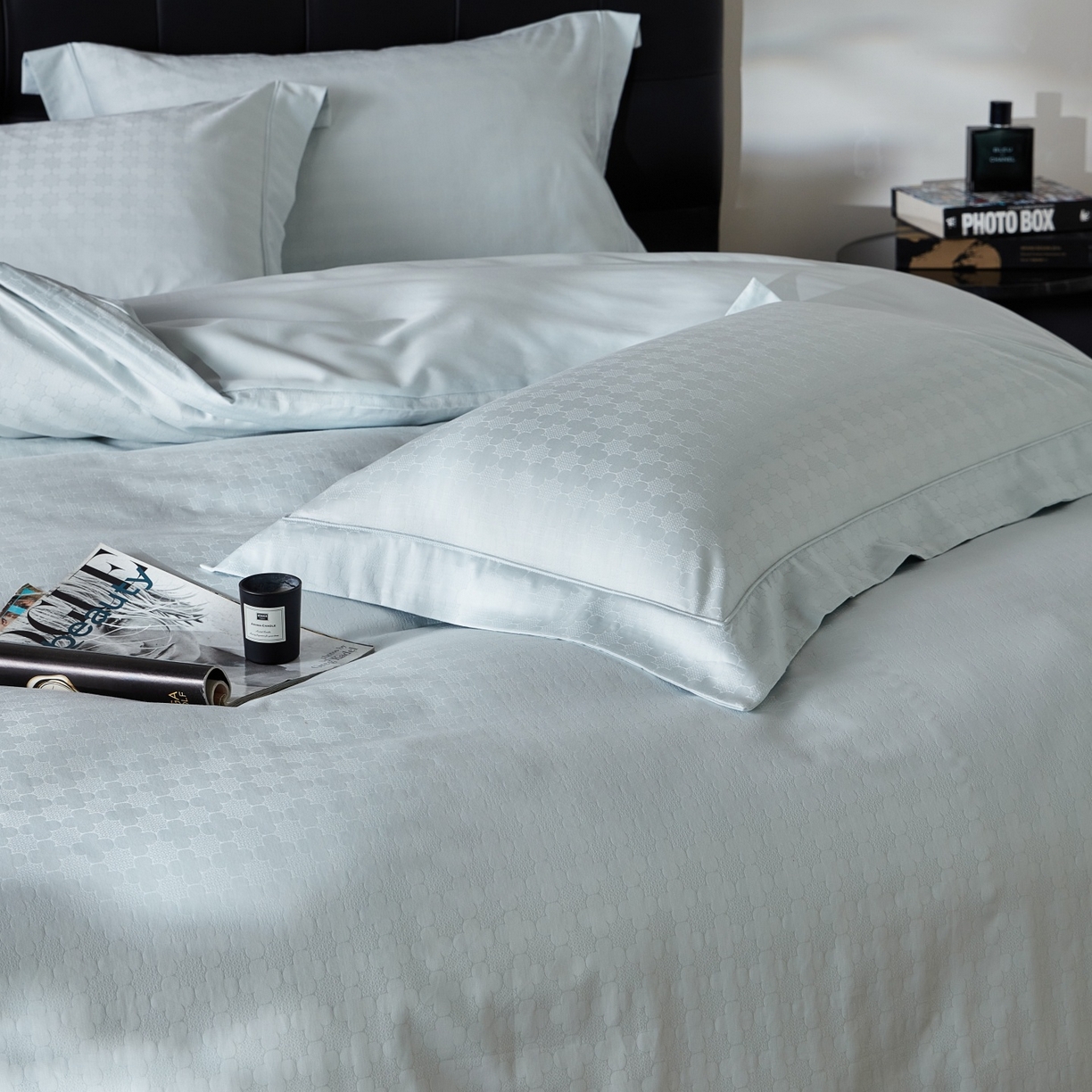 91家纺网 家纺一手货源 找家纺 鼎飞家纺 2025新款长绒棉全棉纯棉提花四件套 布拉提-浅蓝