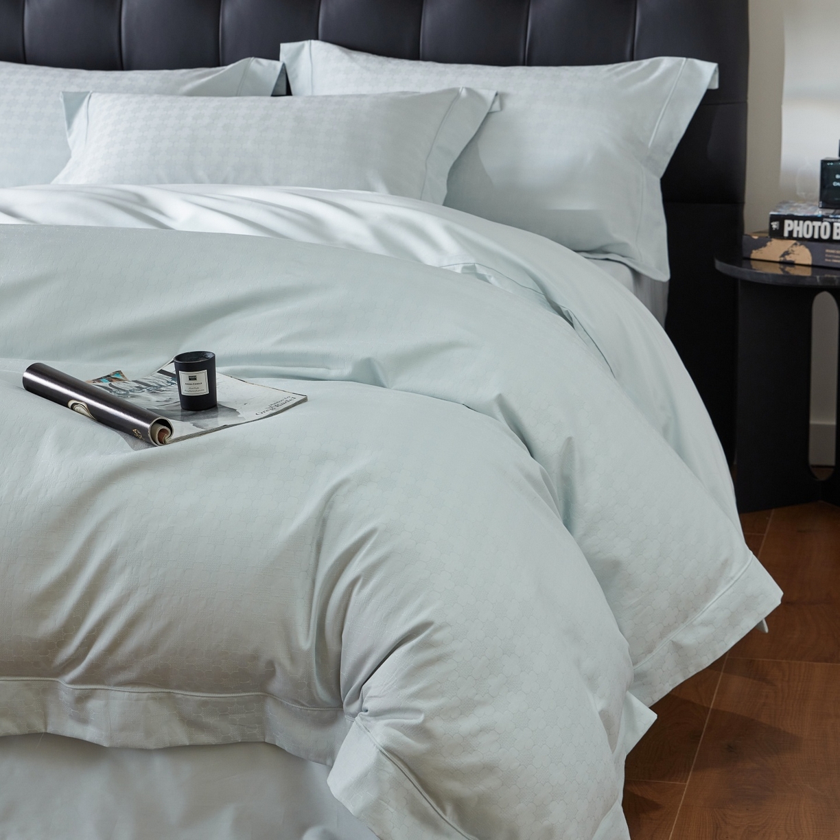 91家纺网 家纺一手货源 找家纺 鼎飞家纺 2025新款长绒棉全棉纯棉提花四件套 布拉提-浅蓝