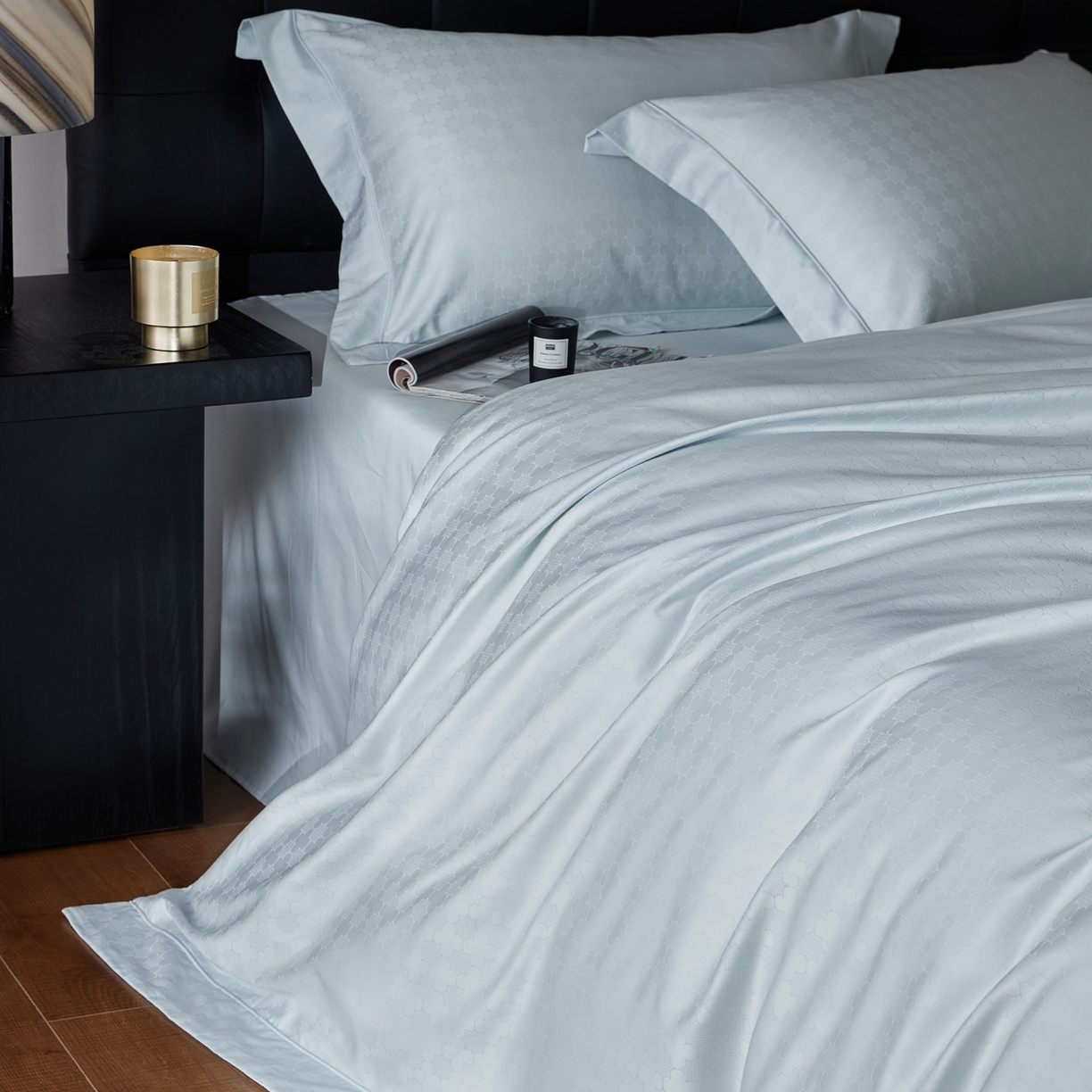 91家纺网 家纺一手货源 找家纺 鼎飞家纺 2025新款长绒棉全棉纯棉提花四件套 布拉提-浅蓝