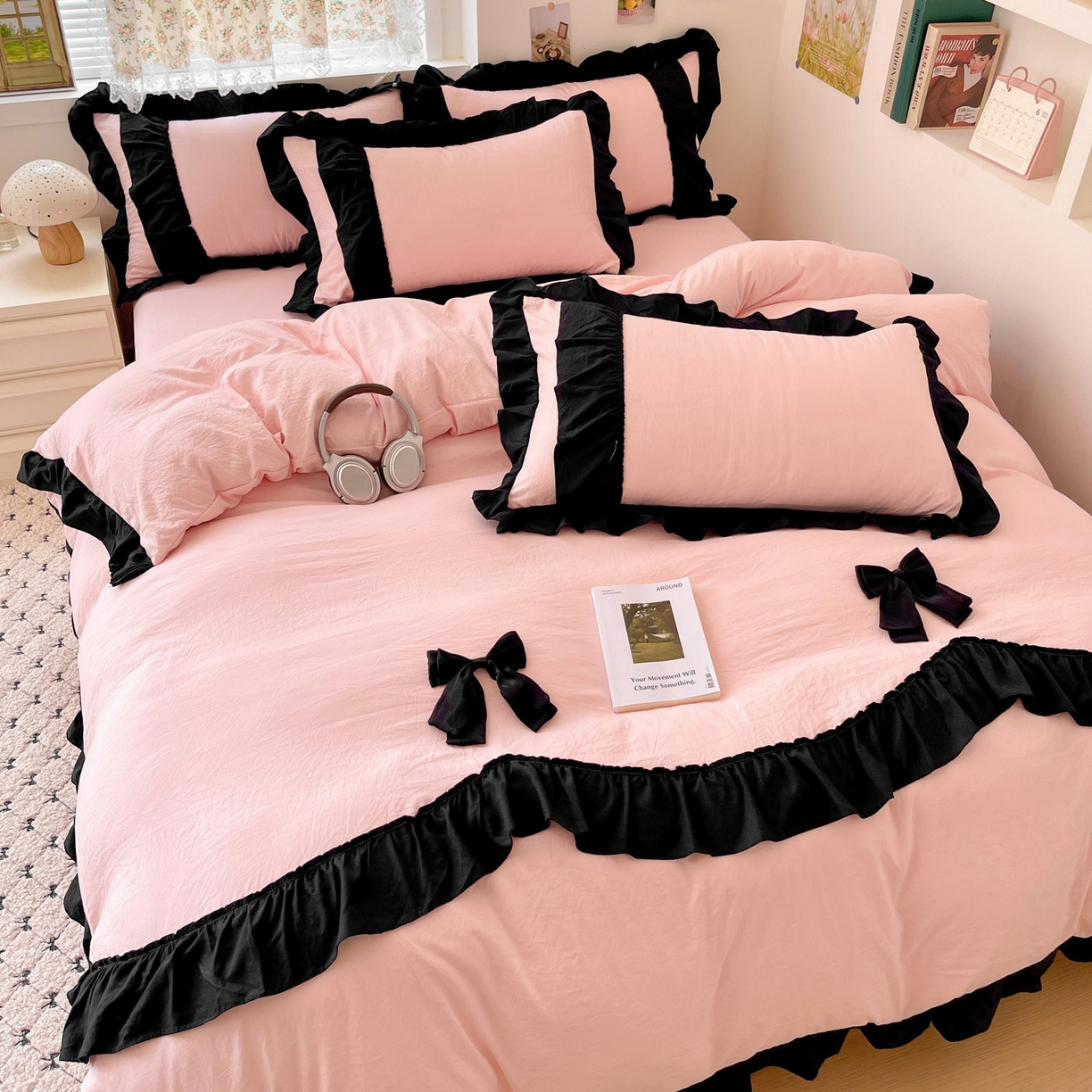 91家纺网 家纺一手货源 找家纺 （总）富米莱（原臻工厂） 2025新款公主风蝴蝶结款可爱法式花边水洗棉四件套