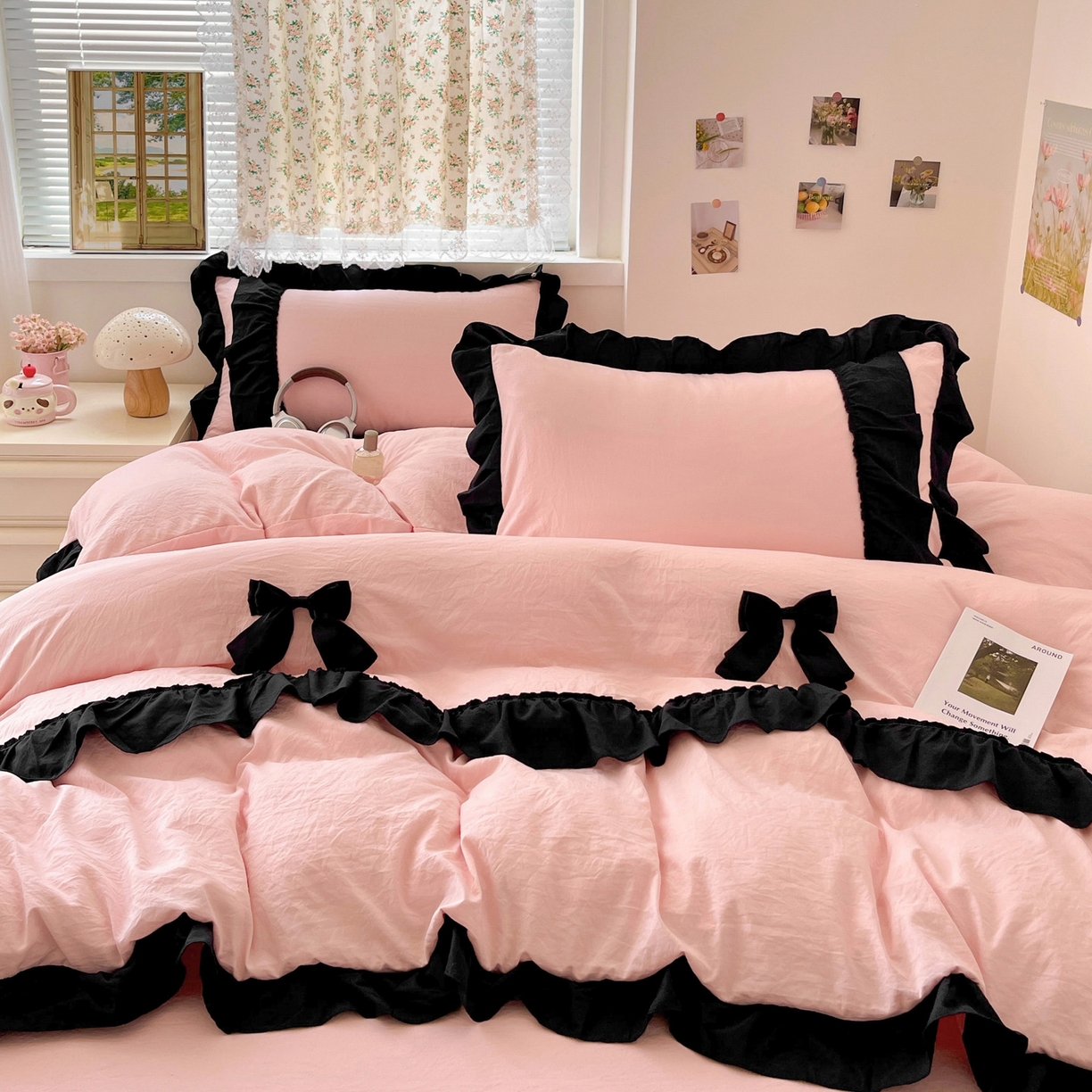 91家纺网 家纺一手货源 找家纺 （总）富米莱（原臻工厂） 2025新款公主风蝴蝶结款可爱法式花边水洗棉四件套