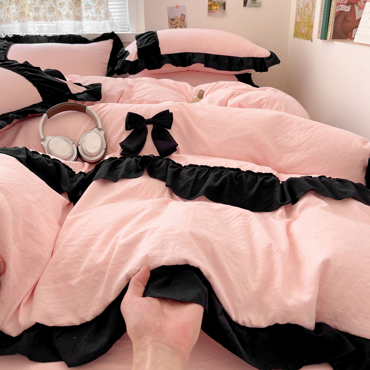 91家纺网 家纺一手货源 找家纺 （总）富米莱（原臻工厂） 2025新款公主风蝴蝶结款可爱法式花边水洗棉四件套