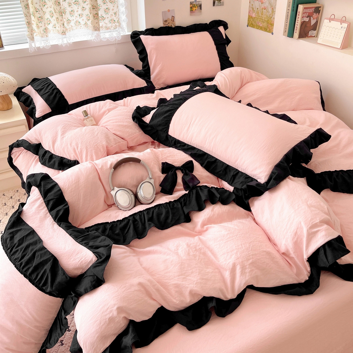 91家纺网 家纺一手货源 找家纺 （总）富米莱（原臻工厂） 2025新款公主风蝴蝶结款可爱法式花边水洗棉四件套