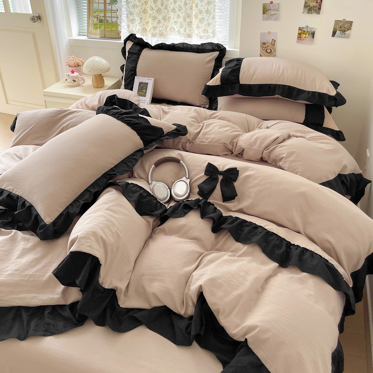 91家纺网 家纺一手货源 找家纺 （总）富米莱（原臻工厂） 2025新款公主风蝴蝶结款可爱法式花边水洗棉四件套