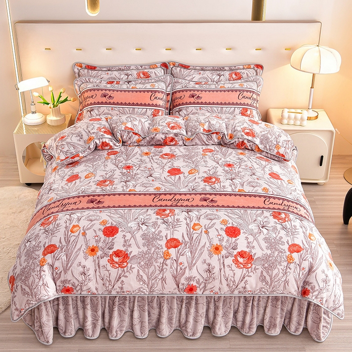 91家纺网 家纺一手货源 找家纺 缘莉娜家纺 2025新款亲肤舒适牛奶绒印花床裙花边款单被套单件被套单品被套 爱恋