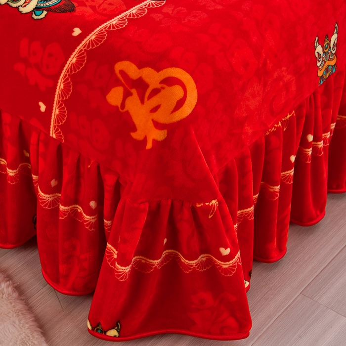 91家纺网 家纺一手货源 找家纺 缘莉娜家纺 2025新款亲肤舒适牛奶绒印花床裙花边款单被套单件被套单品被套 百福吉祥