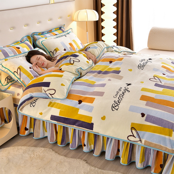 91家纺网 家纺一手货源 找家纺 缘莉娜家纺 2025新款亲肤舒适牛奶绒印花床裙花边款单被套单件被套单品被套 多彩生活