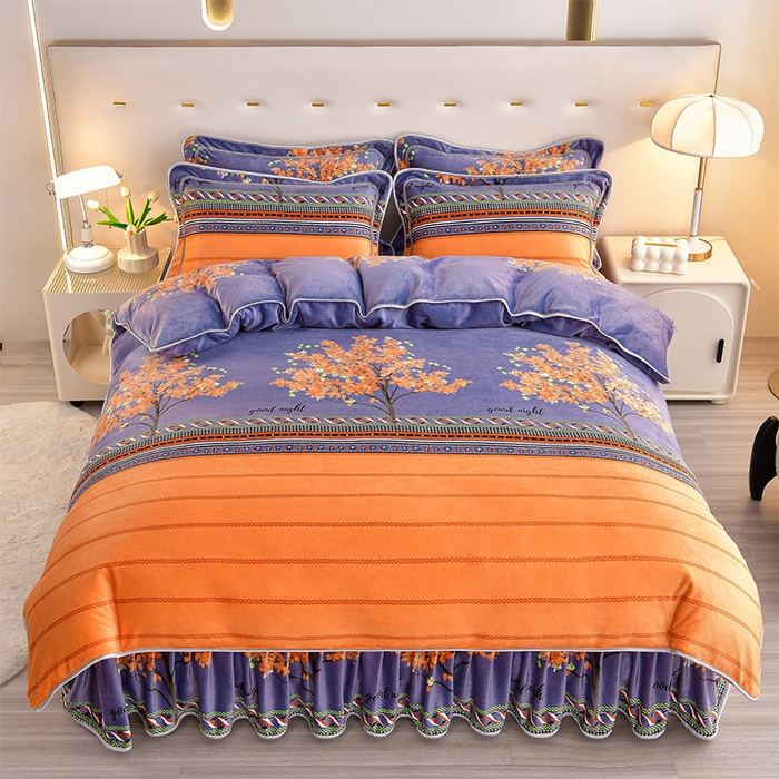 91家纺网 家纺一手货源 找家纺 缘莉娜家纺 2025新款亲肤舒适牛奶绒印花床裙花边款单被套单件被套单品被套 留恋树