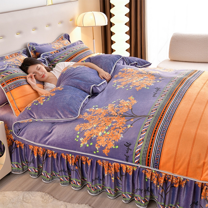 91家纺网 家纺一手货源 找家纺 缘莉娜家纺 2025新款亲肤舒适牛奶绒印花床裙花边款单被套单件被套单品被套 留恋树