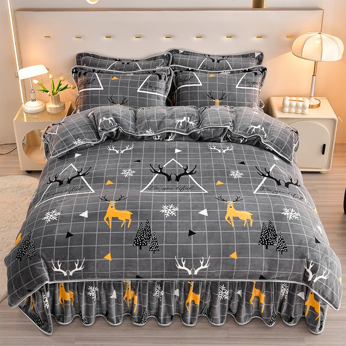 91家纺网 家纺一手货源 找家纺 缘莉娜家纺 2025新款亲肤舒适牛奶绒印花床裙花边款单被套单件被套单品被套 鹿上时空