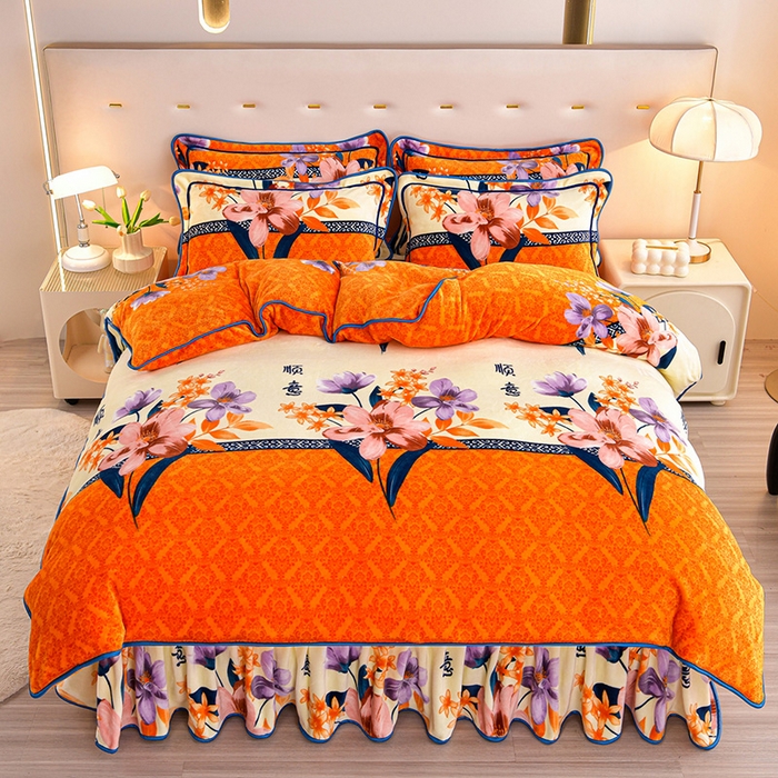 91家纺网 家纺一手货源 找家纺 缘莉娜家纺 2025新款亲肤舒适牛奶绒印花床裙花边款单被套单件被套单品被套 曼妙顺意