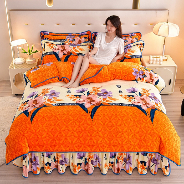 91家纺网 家纺一手货源 找家纺 缘莉娜家纺 2025新款亲肤舒适牛奶绒印花床裙花边款单被套单件被套单品被套 曼妙顺意