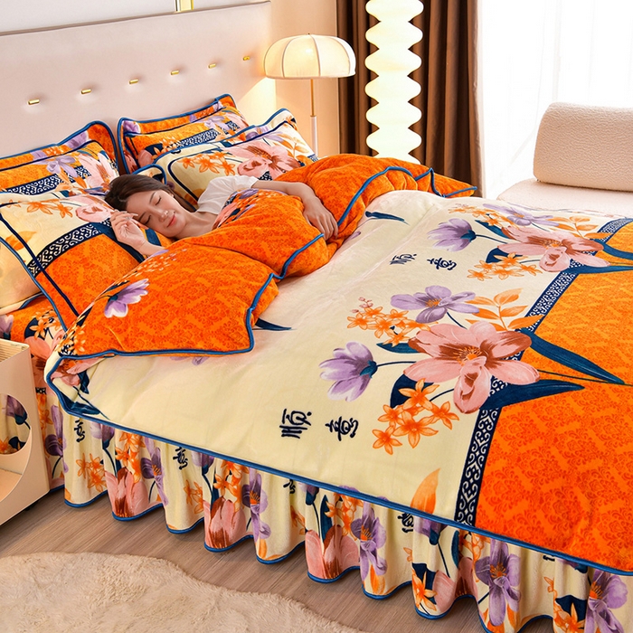 91家纺网 家纺一手货源 找家纺 缘莉娜家纺 2025新款亲肤舒适牛奶绒印花床裙花边款单被套单件被套单品被套 曼妙顺意