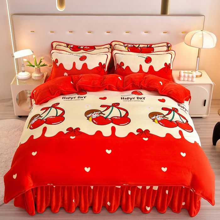 91家纺网 家纺一手货源 找家纺 缘莉娜家纺 2025新款亲肤舒适牛奶绒印花床裙花边款单被套单件被套单品被套 甜心派