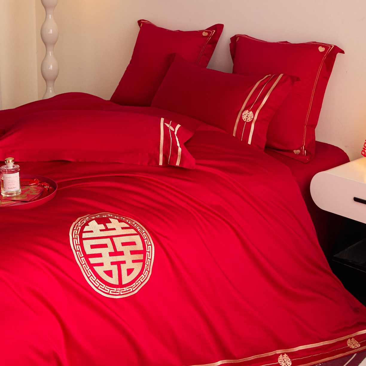 91家纺网 家纺一手货源 找家纺 东方合美（原：皇家传奇） 2025新款长绒棉纯棉婚庆刺绣小红书系列四件套 恩爱