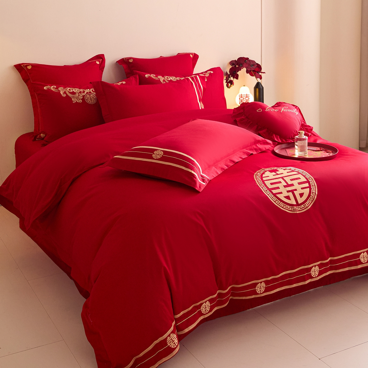 91家纺网 家纺一手货源 找家纺 东方合美（原：皇家传奇） 2025新款长绒棉纯棉婚庆刺绣小红书系列四件套 恩爱