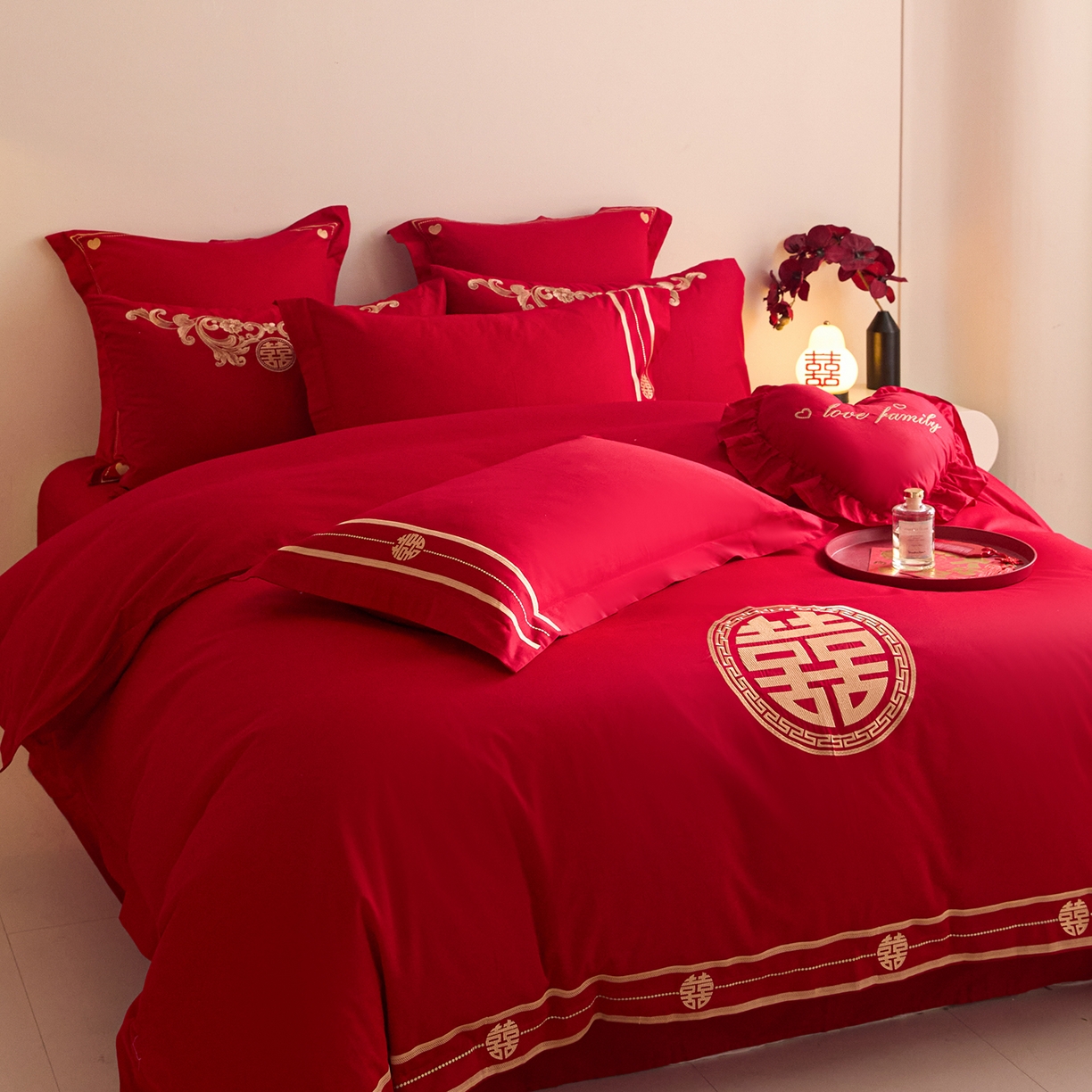 91家纺网 家纺一手货源 找家纺 东方合美（原：皇家传奇） 2025新款长绒棉纯棉婚庆刺绣小红书系列四件套 恩爱