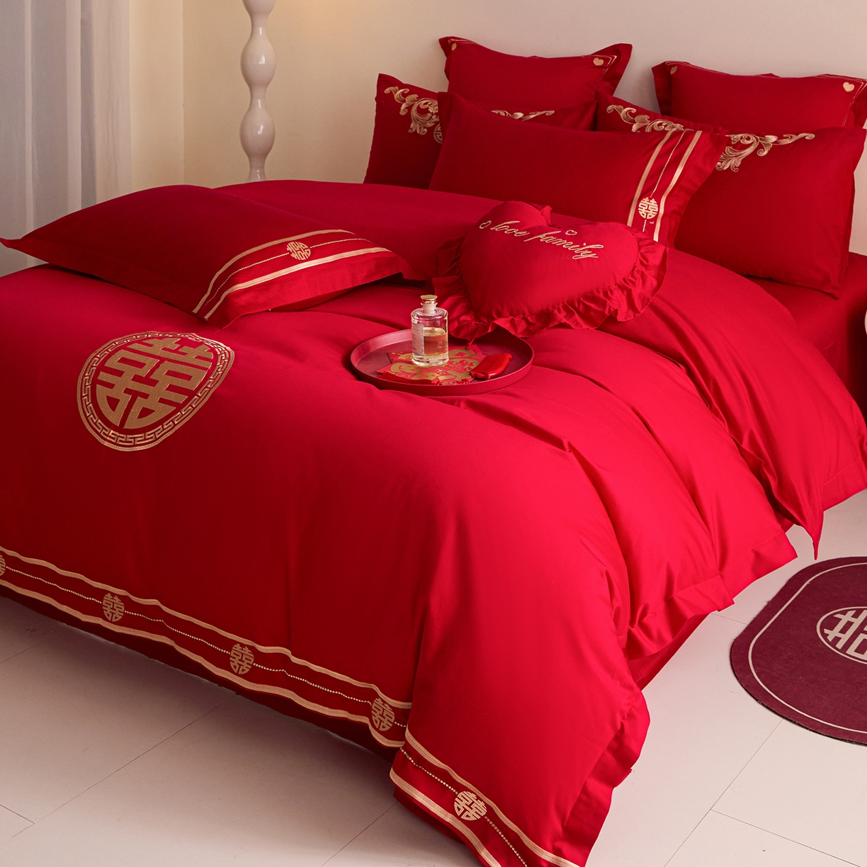 91家纺网 家纺一手货源 找家纺 东方合美（原：皇家传奇） 2025新款长绒棉纯棉婚庆刺绣小红书系列四件套 恩爱