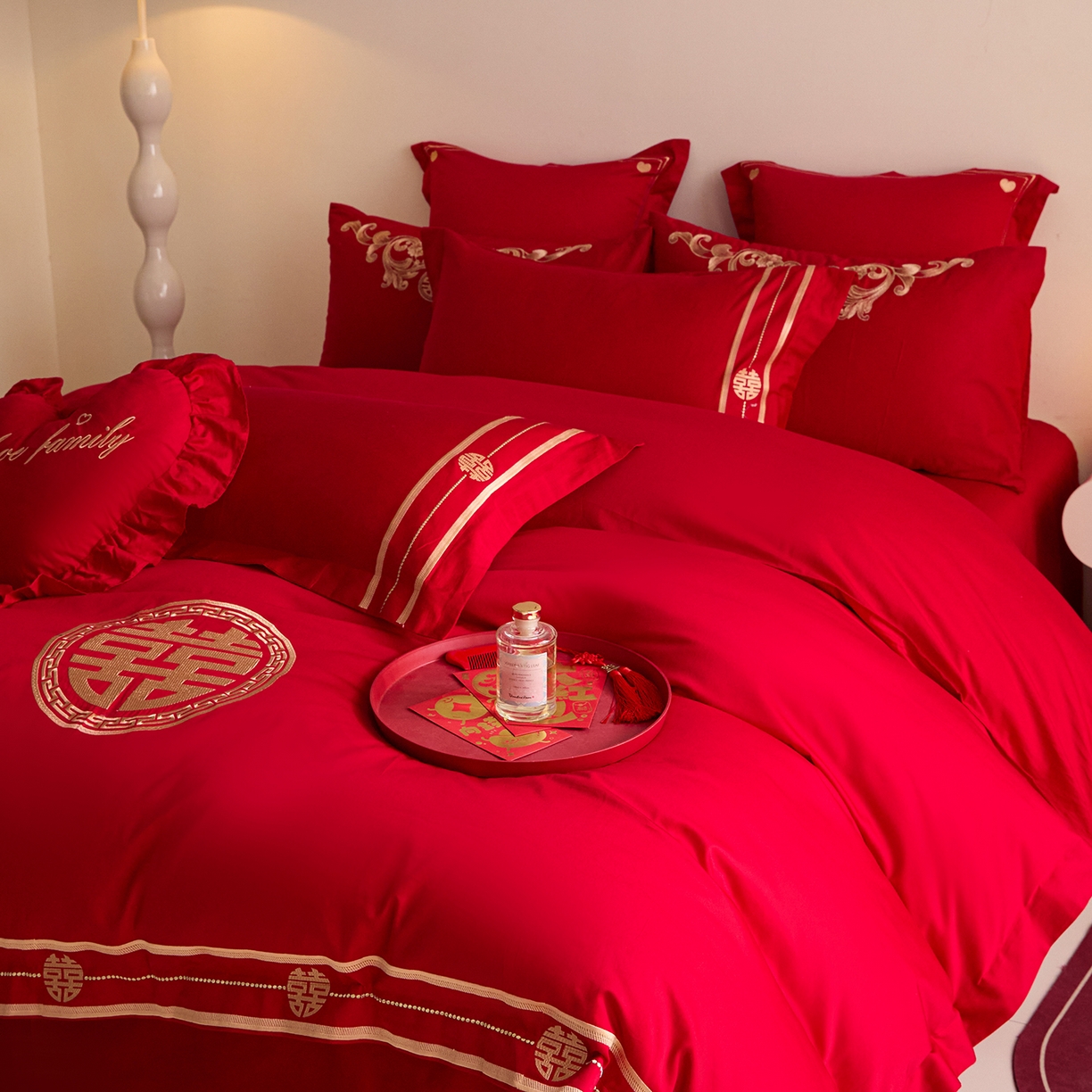 91家纺网 家纺一手货源 找家纺 东方合美（原：皇家传奇） 2025新款长绒棉纯棉婚庆刺绣小红书系列四件套 恩爱