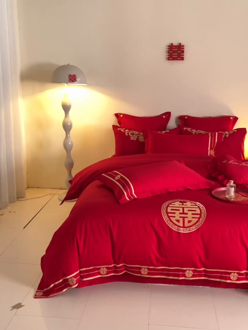 91家纺网 家纺一手货源 找家纺 东方合美（原：皇家传奇） 2025新款长绒棉纯棉婚庆刺绣小红书系列四件套 恩爱