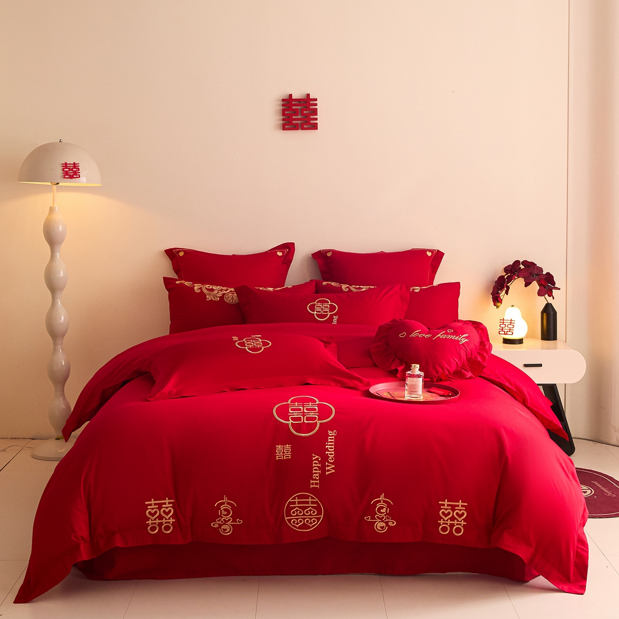 东方合美（原：皇家传奇） 2025新款长绒棉纯棉婚庆刺绣小红书系列四件套 福气