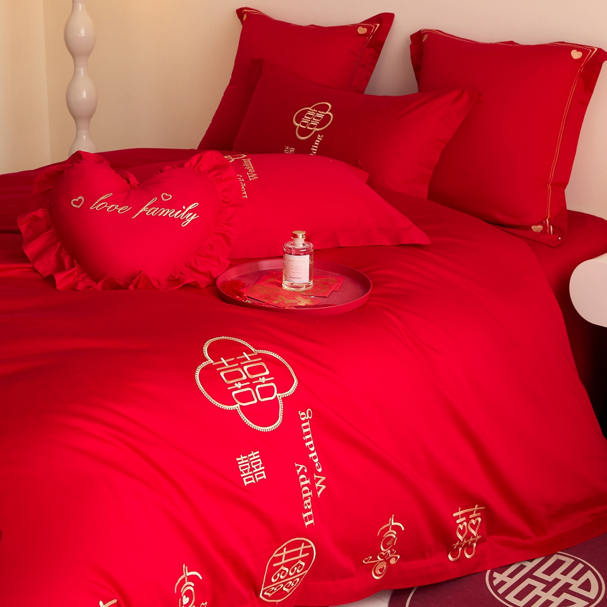 91家纺网 家纺一手货源 找家纺 东方合美（原：皇家传奇） 2025新款长绒棉纯棉婚庆刺绣小红书系列四件套 福气