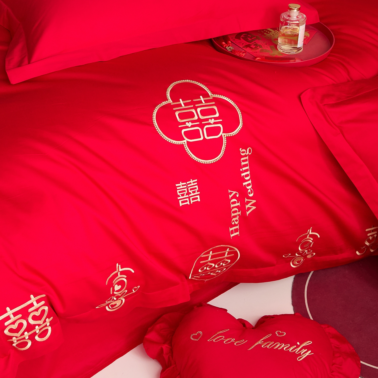 91家纺网 家纺一手货源 找家纺 东方合美（原：皇家传奇） 2025新款长绒棉纯棉婚庆刺绣小红书系列四件套 福气