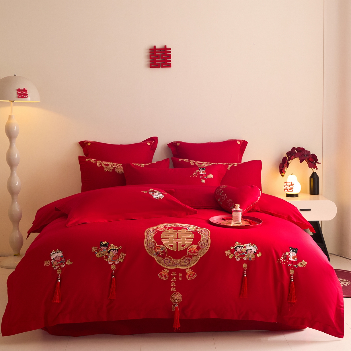 东方合美（原：皇家传奇） 2025新款长绒棉纯棉婚庆刺绣小红书系列四件套 好事发生