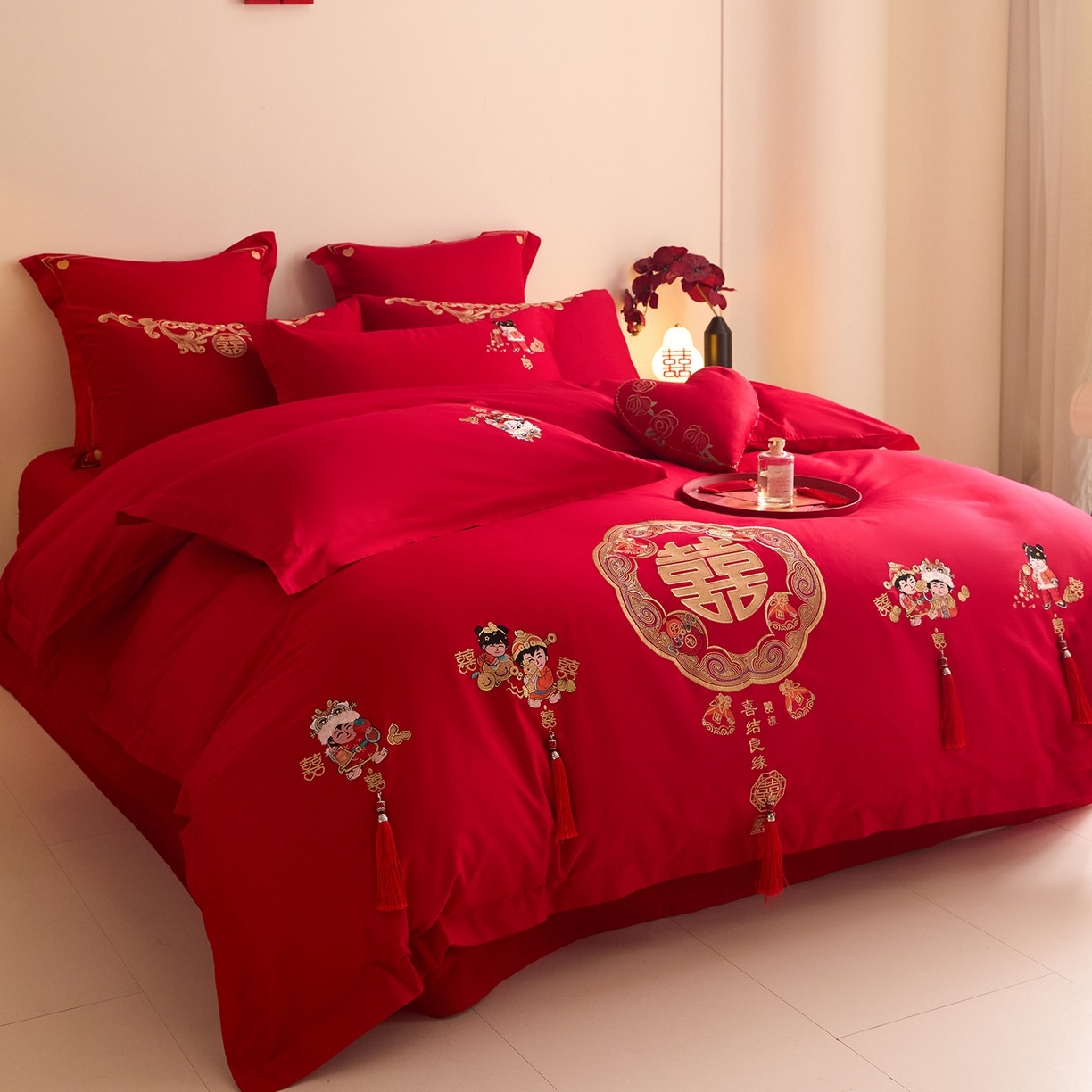 91家纺网 家纺一手货源 找家纺 东方合美（原：皇家传奇） 2025新款长绒棉纯棉婚庆刺绣小红书系列四件套 好事发生