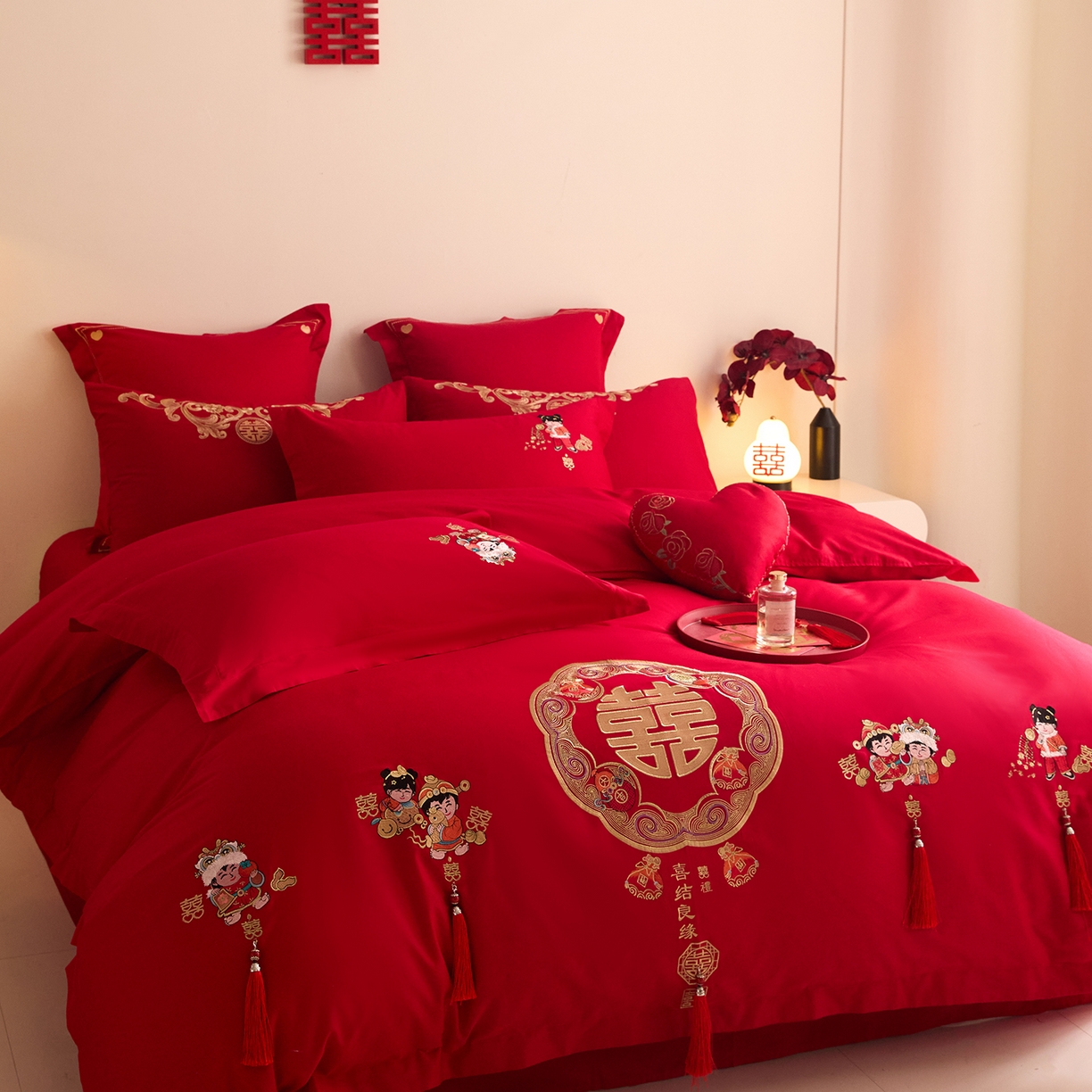 91家纺网 家纺一手货源 找家纺 东方合美（原：皇家传奇） 2025新款长绒棉纯棉婚庆刺绣小红书系列四件套 好事发生