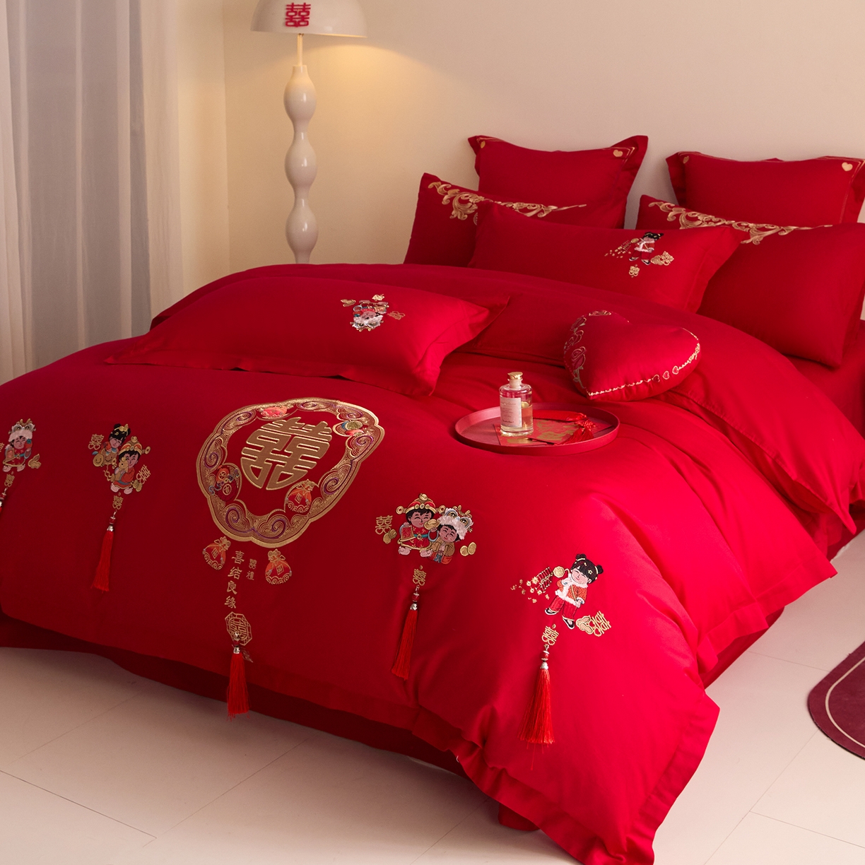 91家纺网 家纺一手货源 找家纺 东方合美（原：皇家传奇） 2025新款长绒棉纯棉婚庆刺绣小红书系列四件套 好事发生