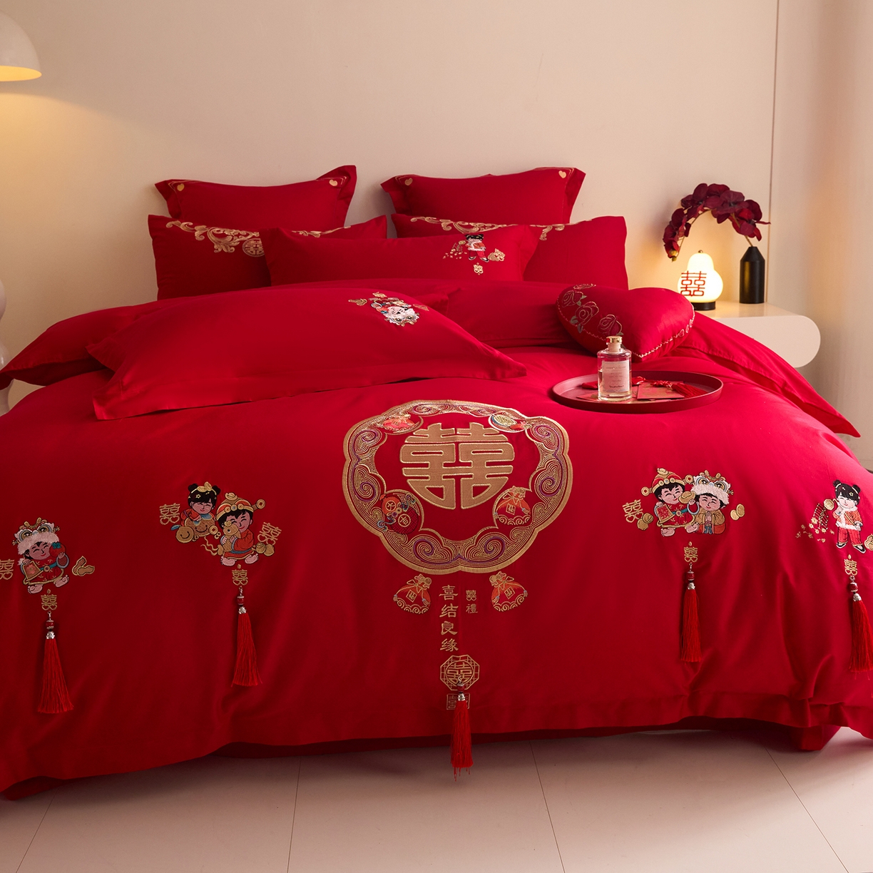 91家纺网 家纺一手货源 找家纺 东方合美（原：皇家传奇） 2025新款长绒棉纯棉婚庆刺绣小红书系列四件套 好事发生