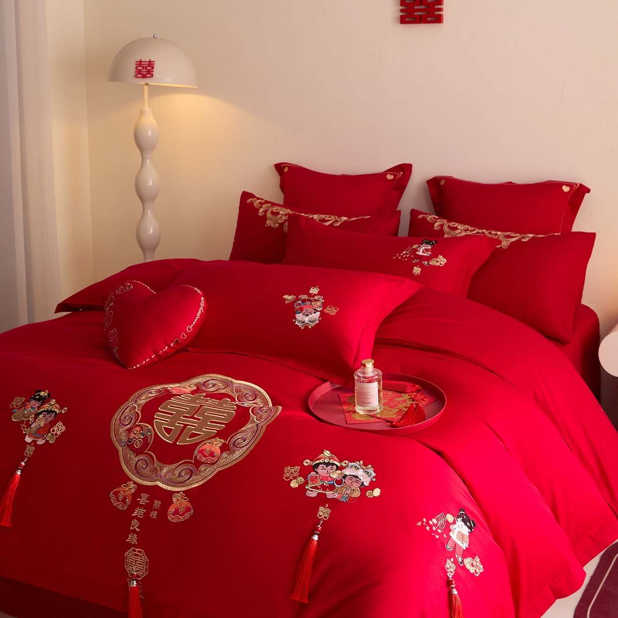91家纺网 家纺一手货源 找家纺 东方合美（原：皇家传奇） 2025新款长绒棉纯棉婚庆刺绣小红书系列四件套 好事发生
