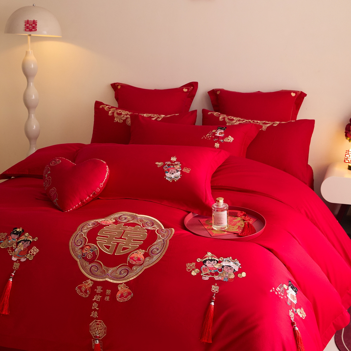 91家纺网 家纺一手货源 找家纺 东方合美（原：皇家传奇） 2025新款长绒棉纯棉婚庆刺绣小红书系列四件套 好事发生