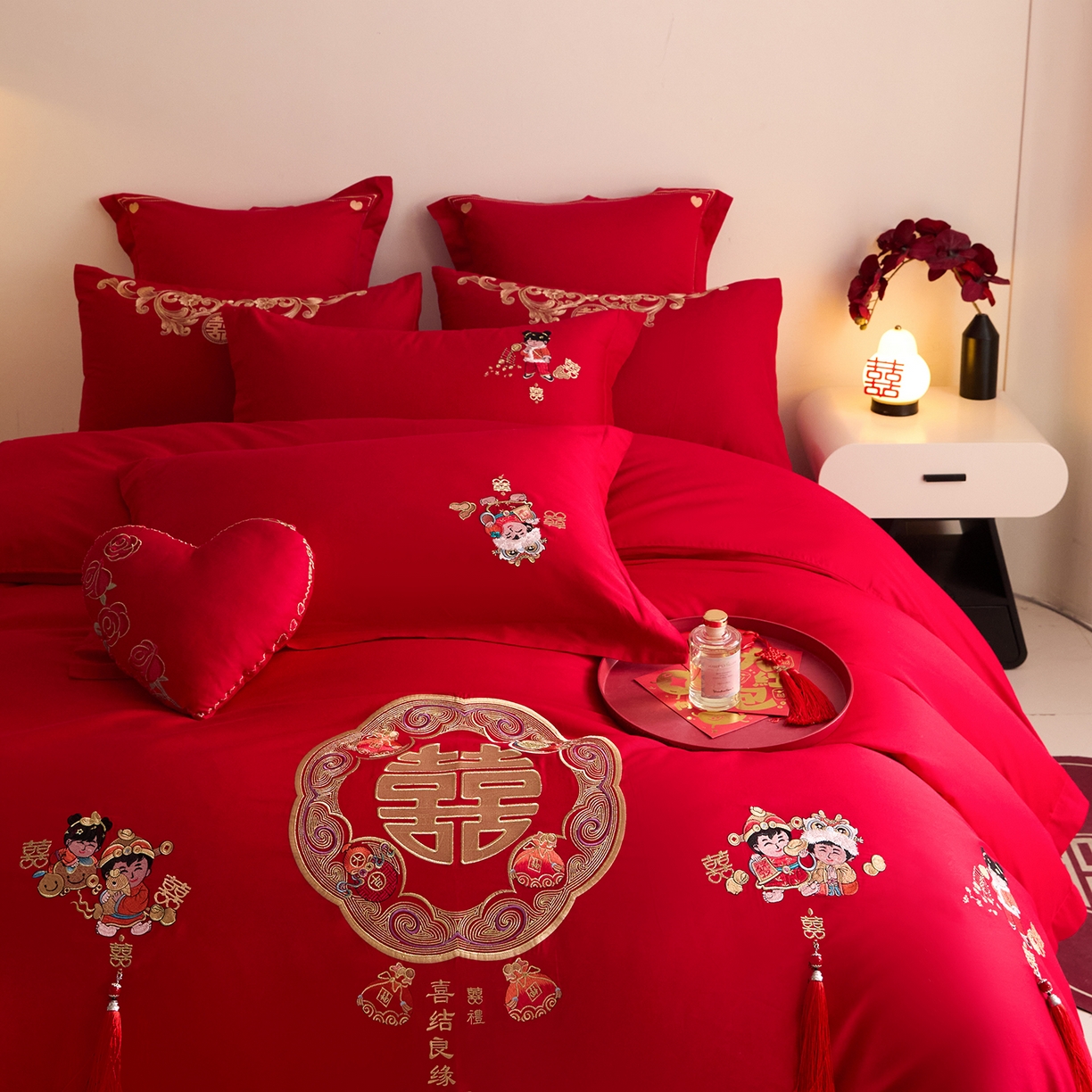 91家纺网 家纺一手货源 找家纺 东方合美（原：皇家传奇） 2025新款长绒棉纯棉婚庆刺绣小红书系列四件套 好事发生