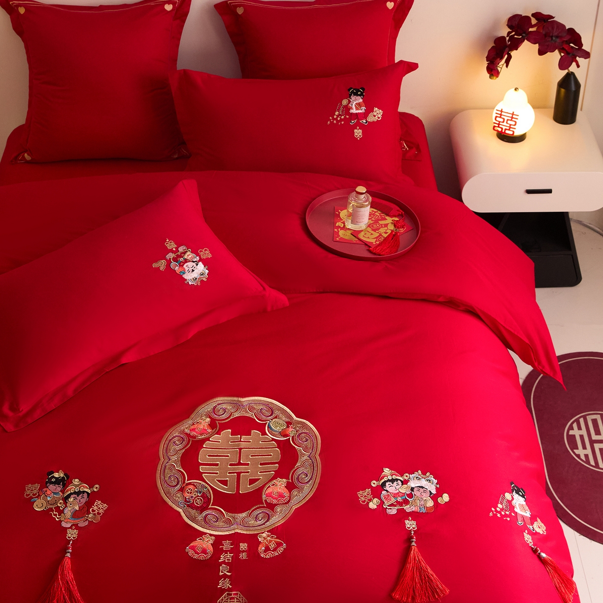 91家纺网 家纺一手货源 找家纺 东方合美（原：皇家传奇） 2025新款长绒棉纯棉婚庆刺绣小红书系列四件套 好事发生