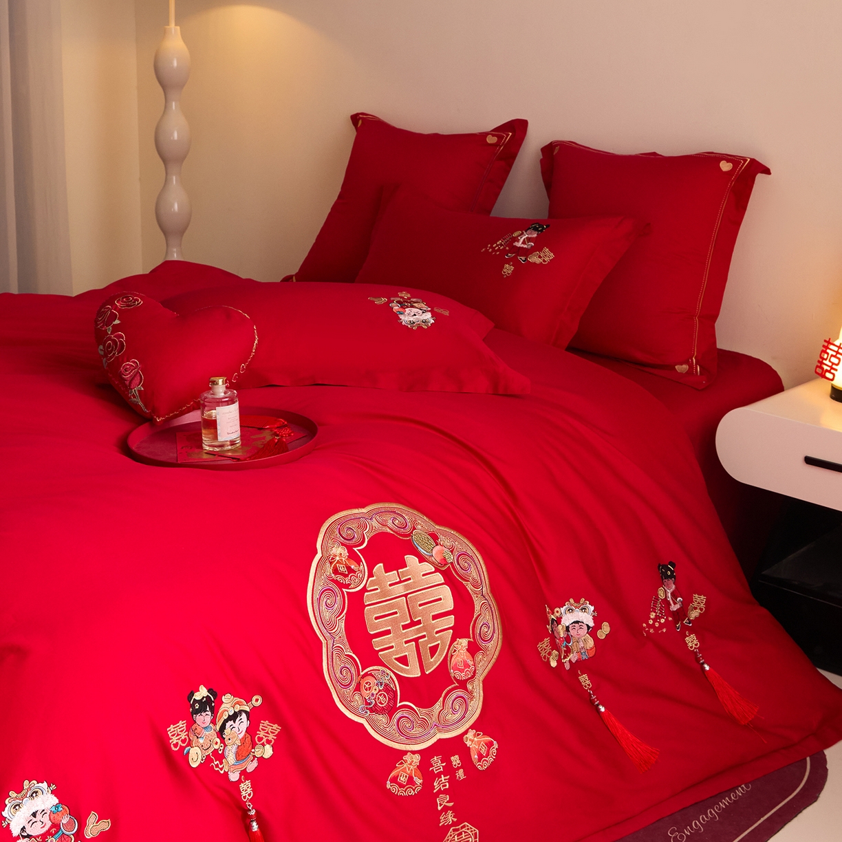 91家纺网 家纺一手货源 找家纺 东方合美（原：皇家传奇） 2025新款长绒棉纯棉婚庆刺绣小红书系列四件套 好事发生