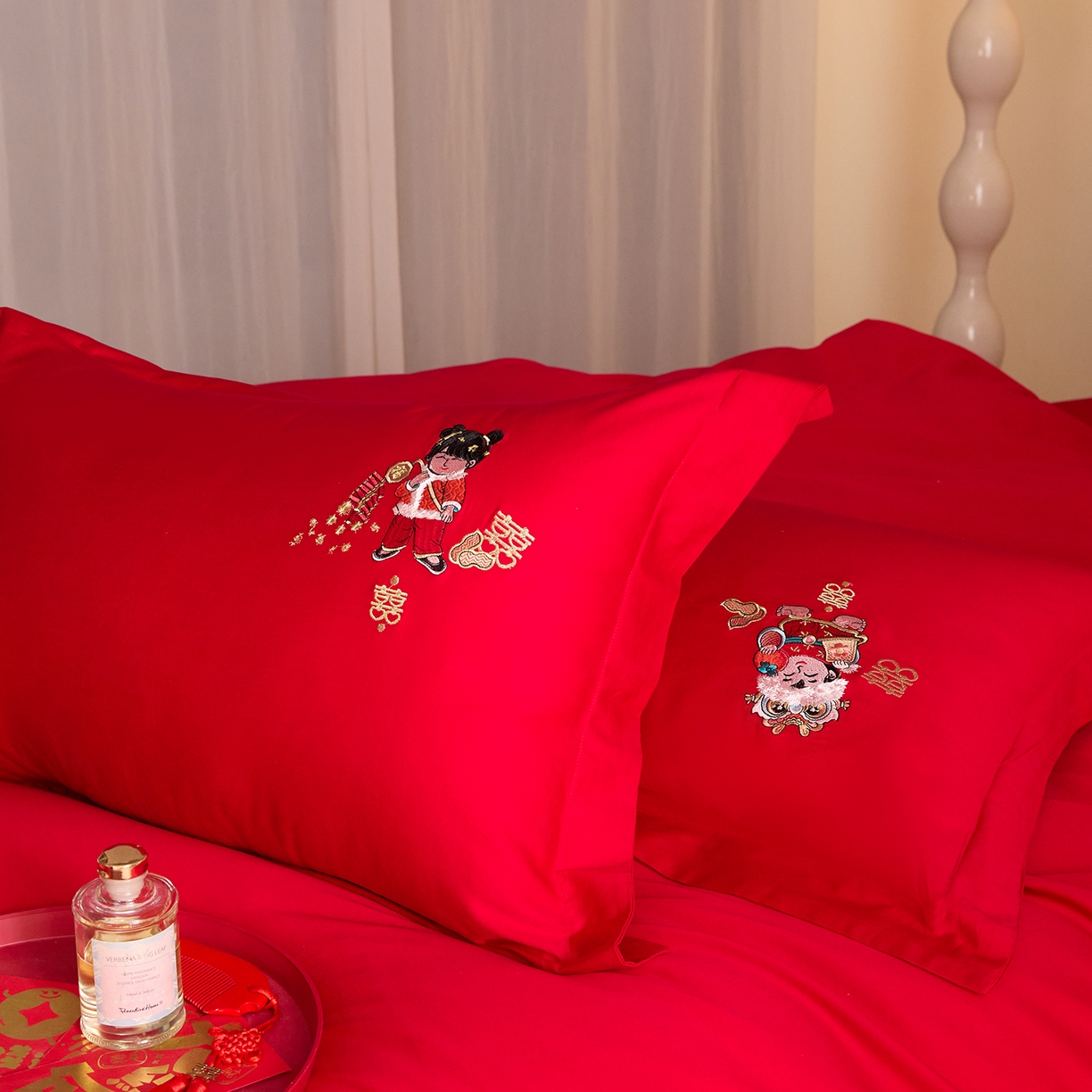 91家纺网 家纺一手货源 找家纺 东方合美（原：皇家传奇） 2025新款长绒棉纯棉婚庆刺绣小红书系列四件套 好事发生