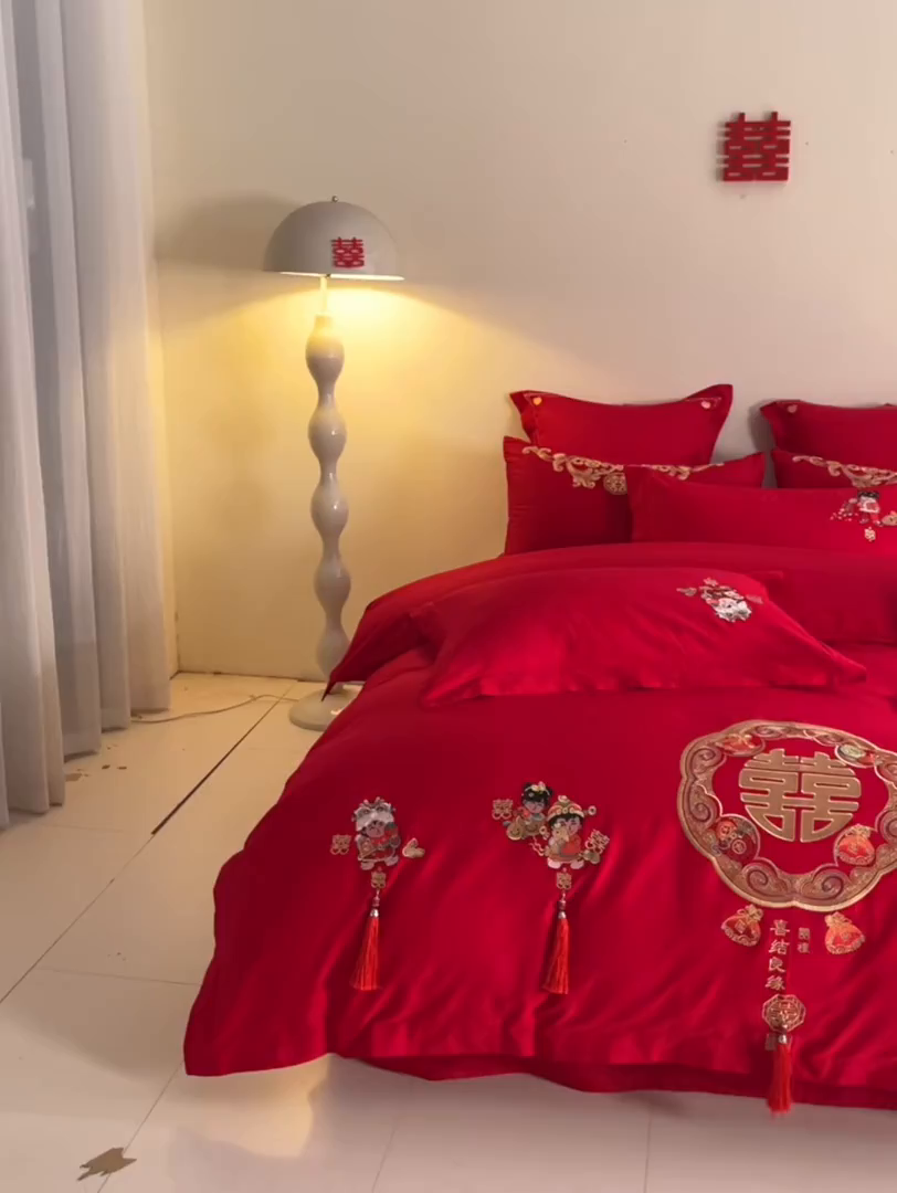 91家纺网 家纺一手货源 找家纺 东方合美（原：皇家传奇） 2025新款长绒棉纯棉婚庆刺绣小红书系列四件套 好事发生